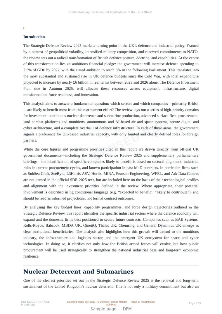 Sample page from “Understanding the Industrial Implications of the UK's Strategic Defence Review 2025” — 10-page report