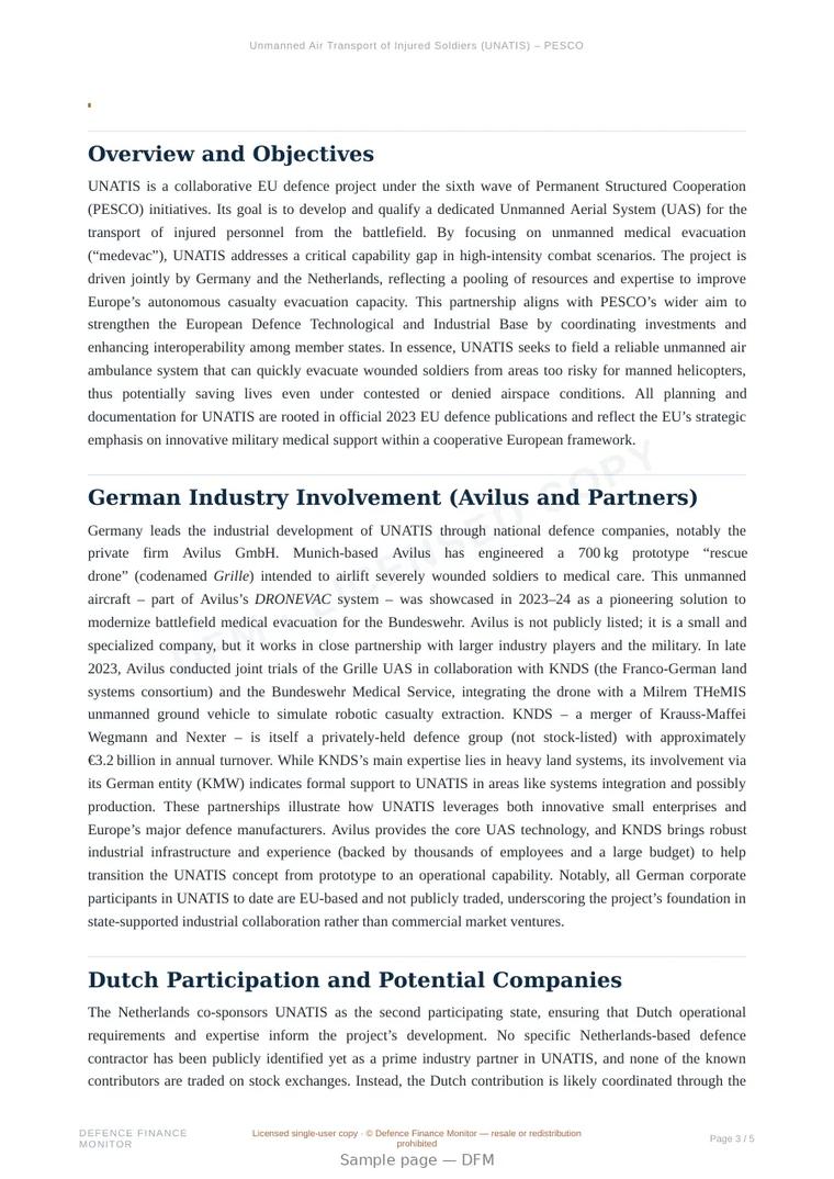 Sample page from “Unmanned Air Transport of Injured Soldiers (UNATIS) – PESCO 6th Wave Project” — 6-page report