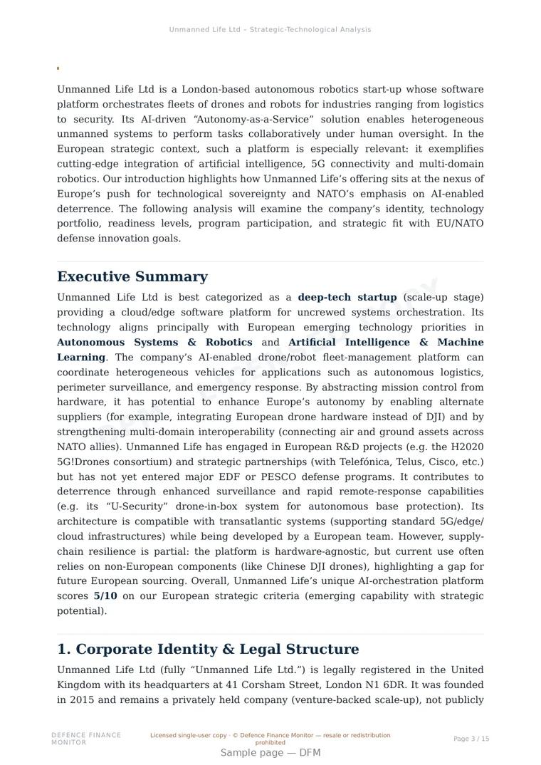 Sample page from “Unmanned Life Ltd — United Kingdom swarm coordination company” — 16-page report