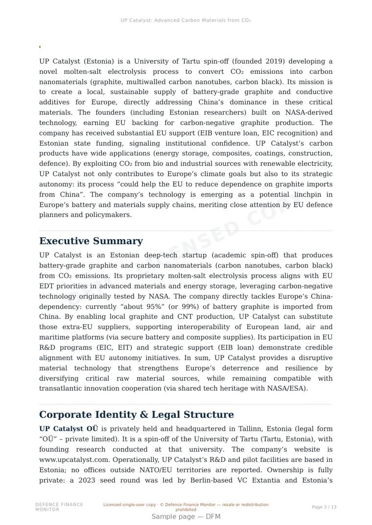 Sample page from “UP Catalyst: Advanced Carbon Materials from CO₂” — 14-page report