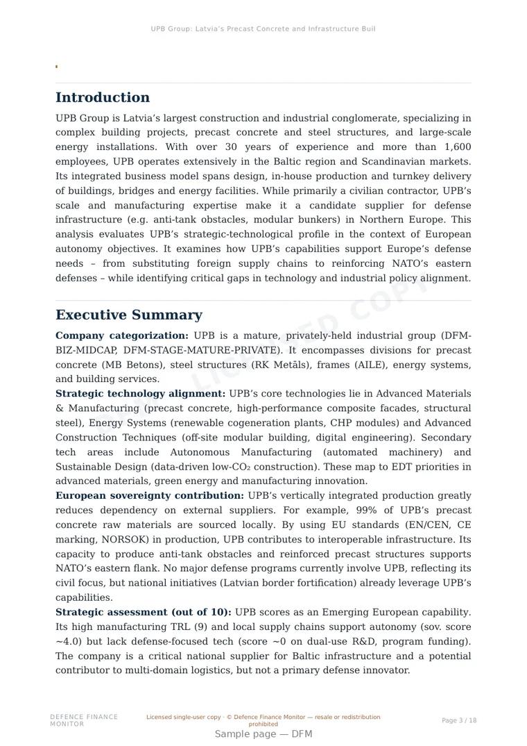 Sample page from “UPB Group: Latvia’s Precast Concrete and Infrastructure Builder for Rapid Defence Fortifications” — 19-page report