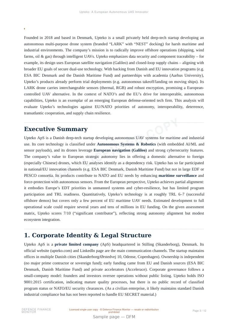 Sample page from “Upteko: A European Autonomous UAS Innovator” — 13-page report