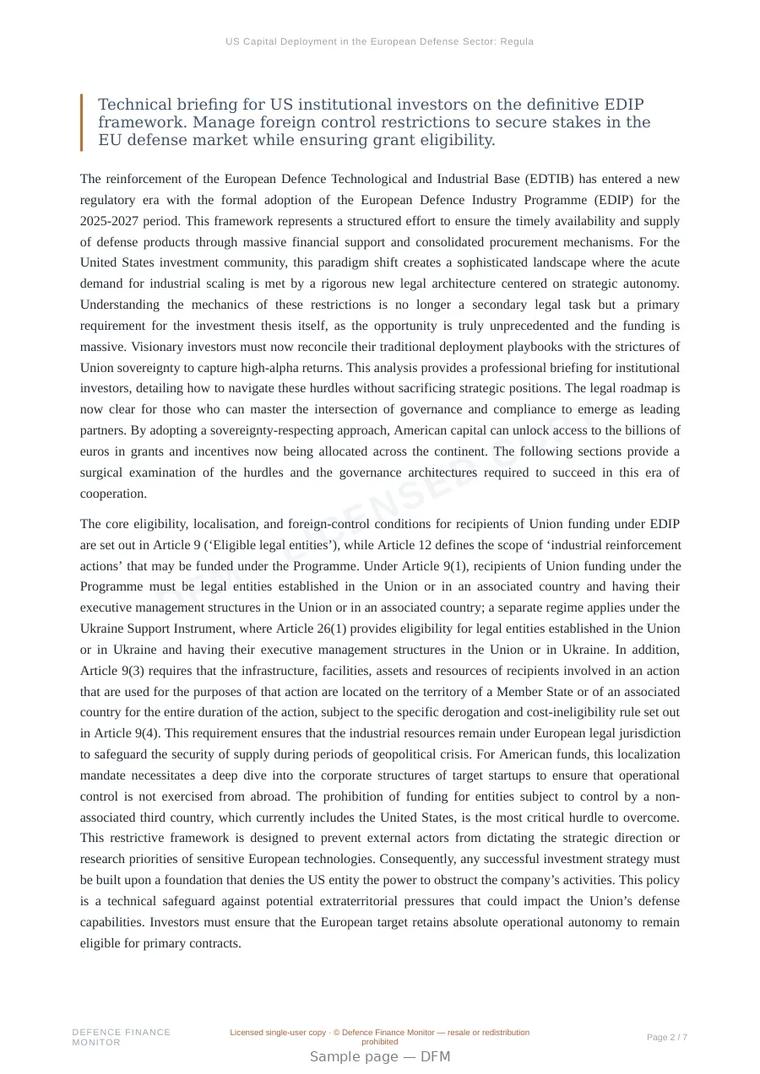 Sample page from “US Capital Deployment in the European Defense Sector: Regulatory Roadmap for EDIP Compliance” — 8-page report