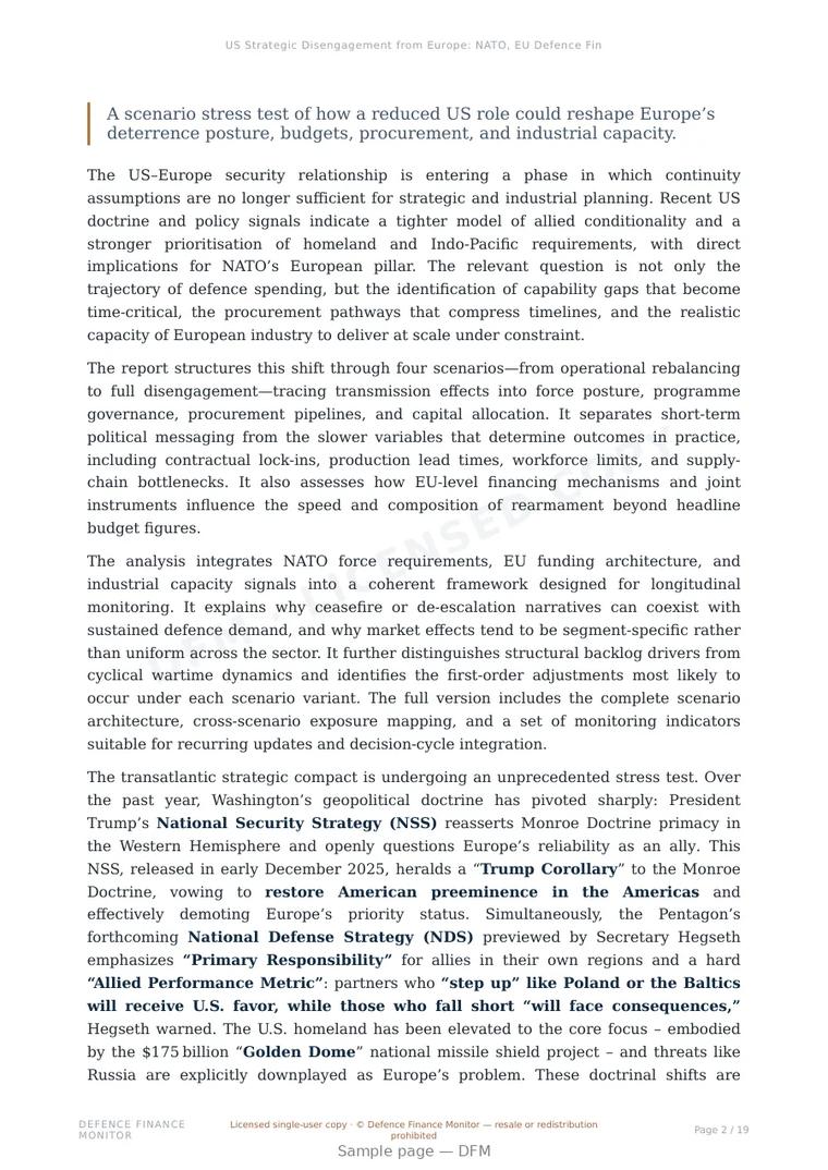 Sample page from “US Strategic Disengagement from Europe: NATO, EU Defence Finance, and Industrial Re-Armament (2025–2035)” — 20-page report