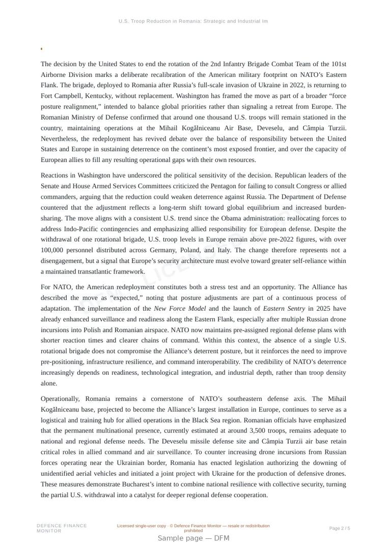 Sample page from “U.S. Troop Reduction in Romania: Strategic and Industrial Implications for European Defense” — 6-page report