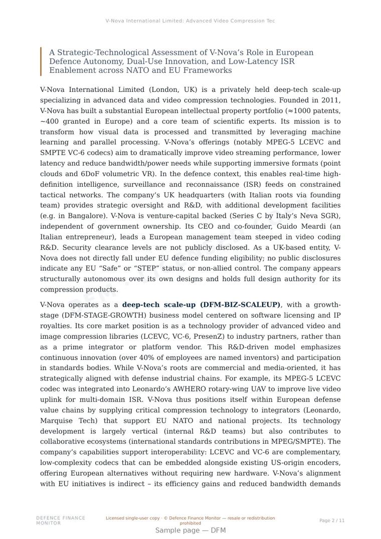 Sample page from “V-Nova International Limited: Advanced Video Compression Technologies for Tactical Applications” — 12-page report