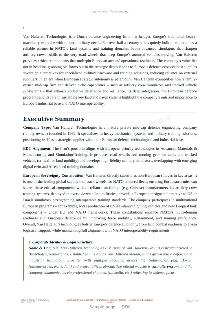 Sample page from “Van Halteren Technologies” — 23-page report