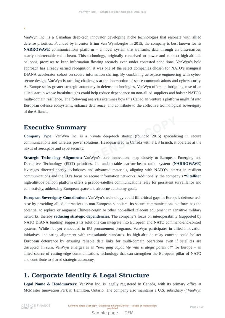 Sample page from “VanWyn Inc. — Canada secure communications company” — 30-page report