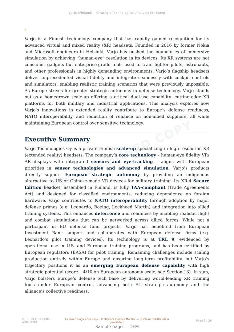 Sample page from “Varjo — Finland training company” — 27-page report