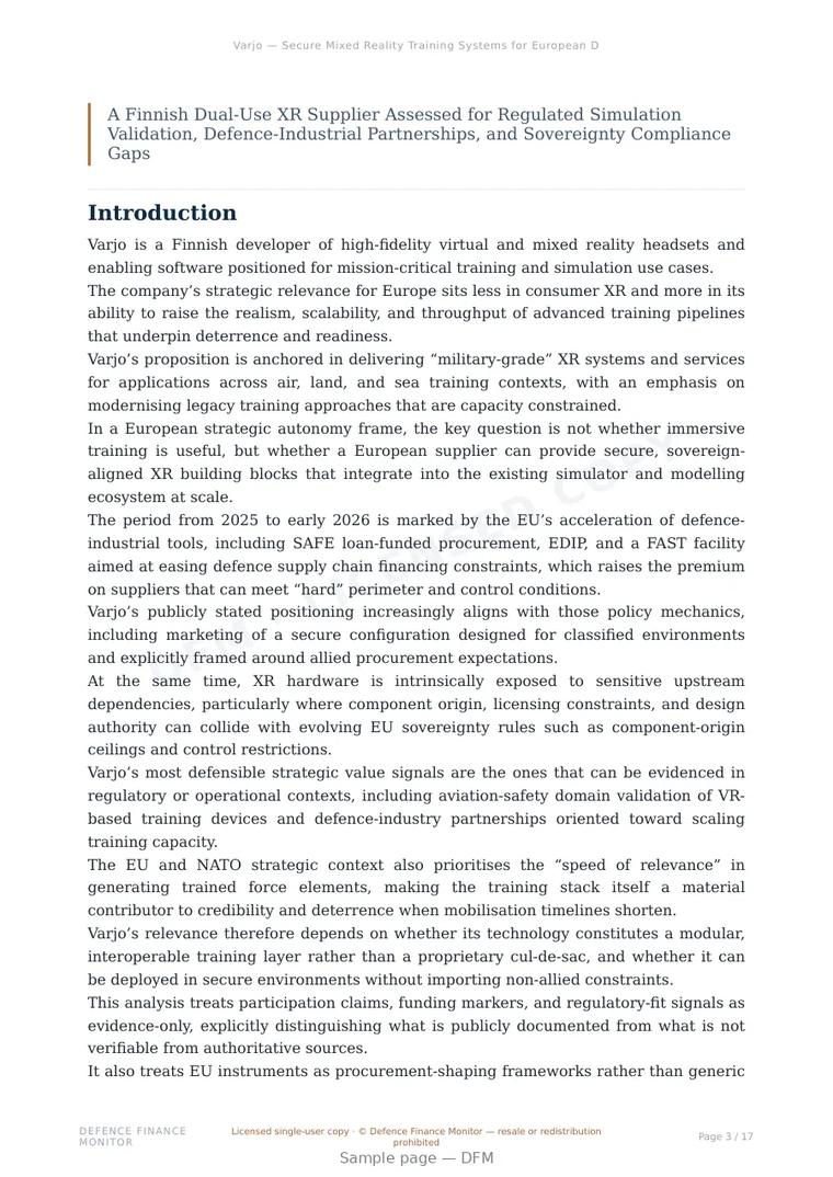 Sample page from “Varjo — Secure Mixed Reality Training Systems for European Defence Autonomy” — 18-page report