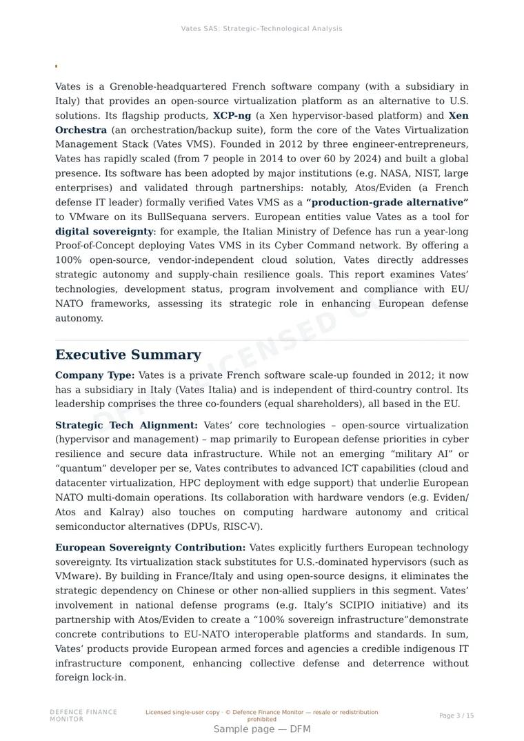 Sample page from “Vates SAS: Strategic–Technological Analysis” — 16-page report