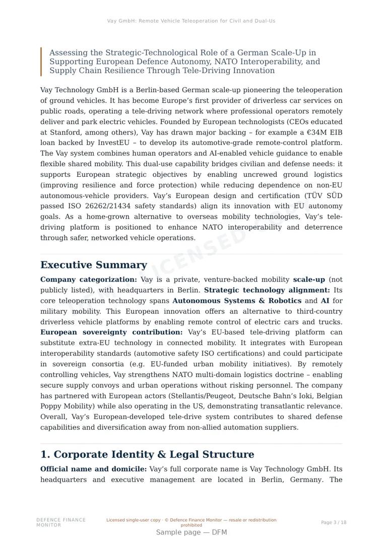 Sample page from “Vay GmbH: Remote Vehicle Teleoperation for Civil and Dual-Use Applications” — 19-page report