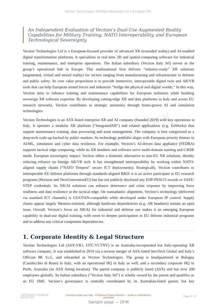 Sample page from “Vection Technologies: Strategic Assessment of a European XR-AI Defence Actor” — 14-page report