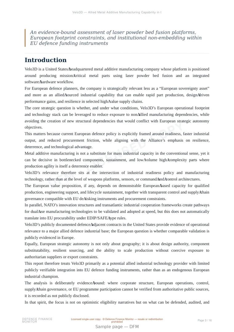 Sample page from “Velo3D — Allied Metal Additive Manufacturing Capability in the Context of European Defence Autonomy” — 17-page report