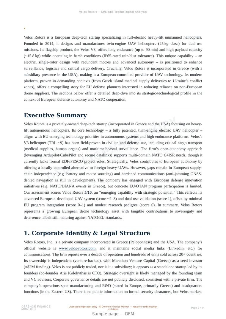 Sample page from “Velos Rotors — unmanned aerial systems company” — 15-page report