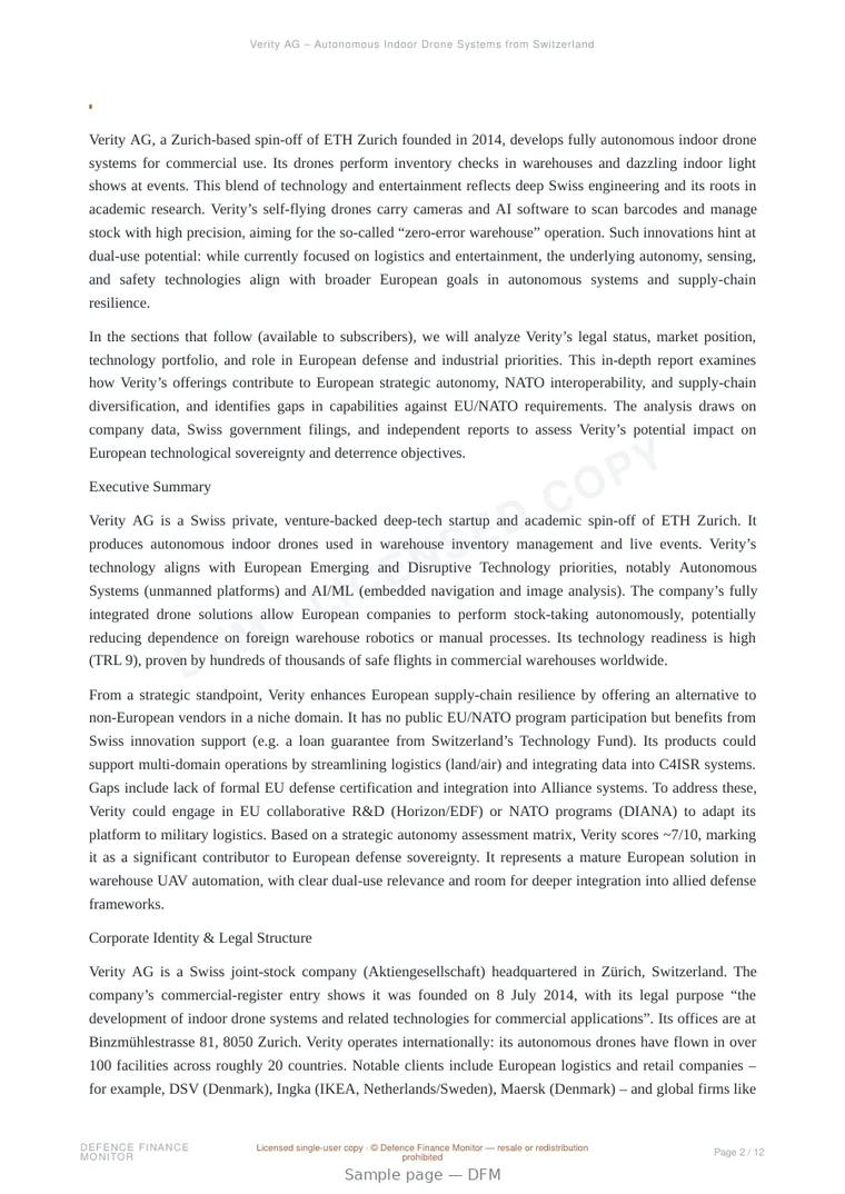 Sample page from “Verity AG – Autonomous Indoor Drone Systems from Switzerland” — 13-page report