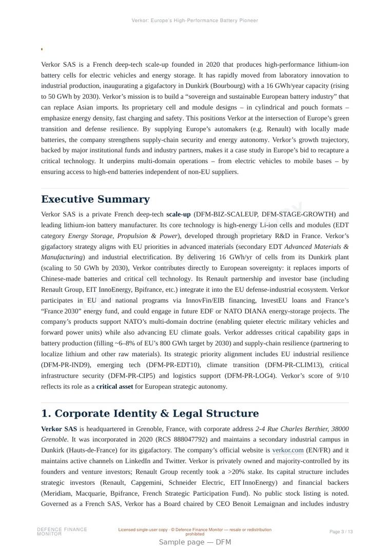 Sample page from “Verkor: Europe’s High-Performance Battery Pioneer” — 14-page report