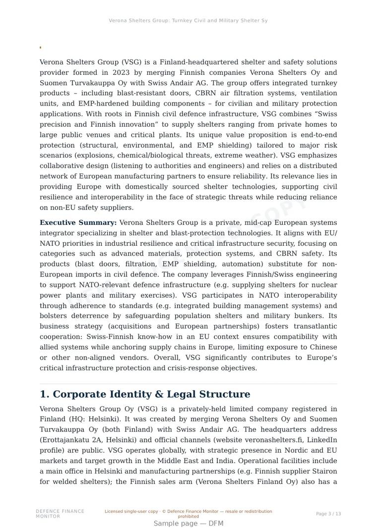 Sample page from “Verona Shelters Group: Turnkey Civil and Military Shelter Systems in Finland” — 14-page report