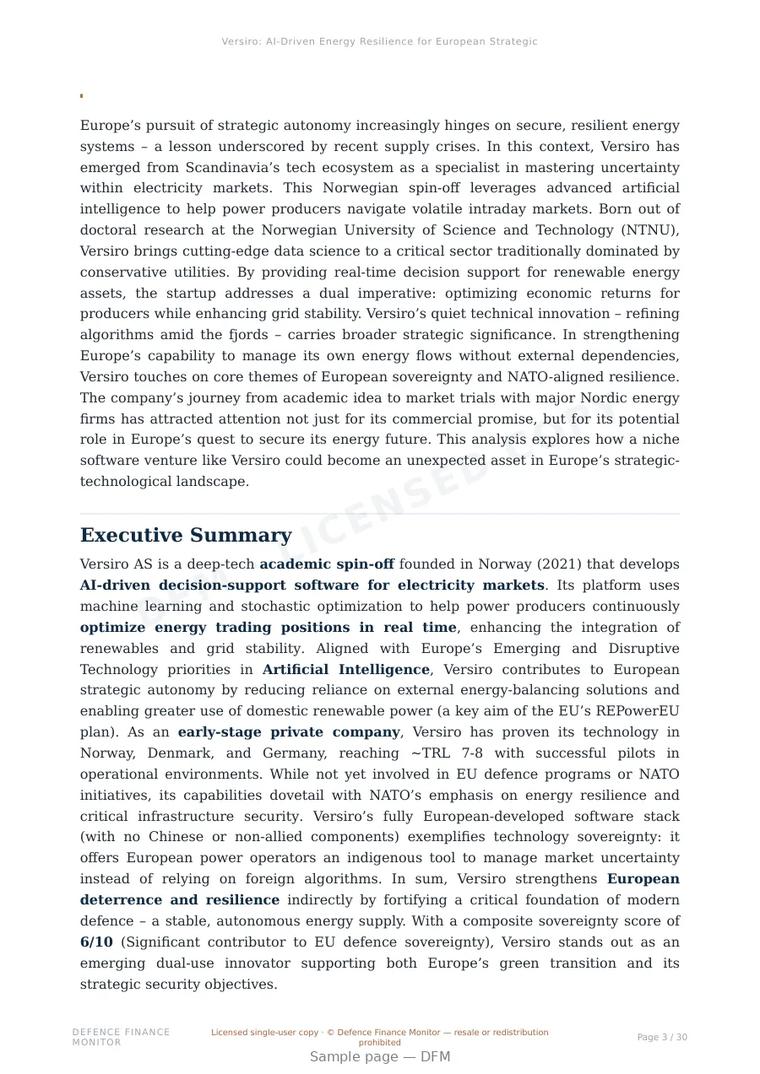 Sample page from “Versiro: AI-Driven Energy Resilience for European Strategic Autonomy” — 31-page report