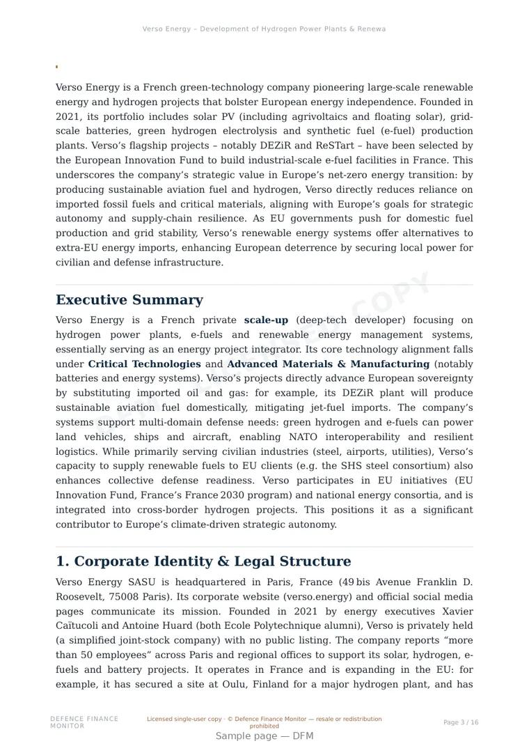 Sample page from “Verso Energy – Development of Hydrogen Power Plants & Renewable Energy Management Systems” — 17-page report