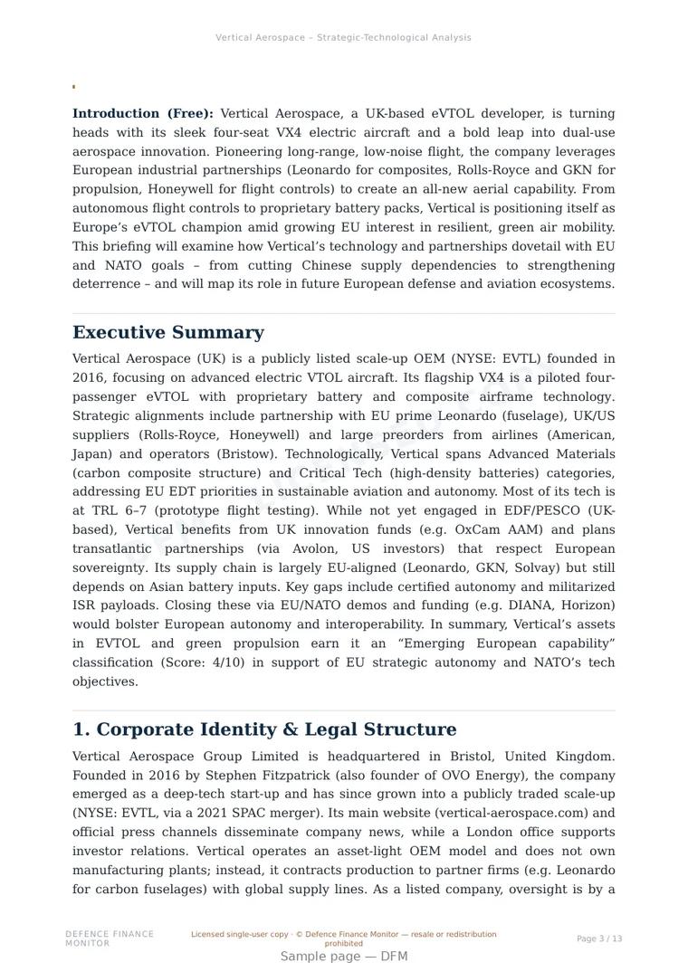 Sample page from “Vertical Aerospace — United Kingdom air platforms company” — 14-page report