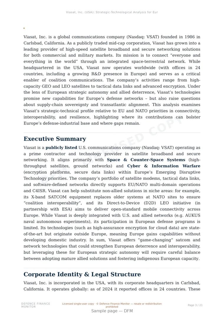 Sample page from “Viasat, Inc. — United States satellite communications company” — 22-page report