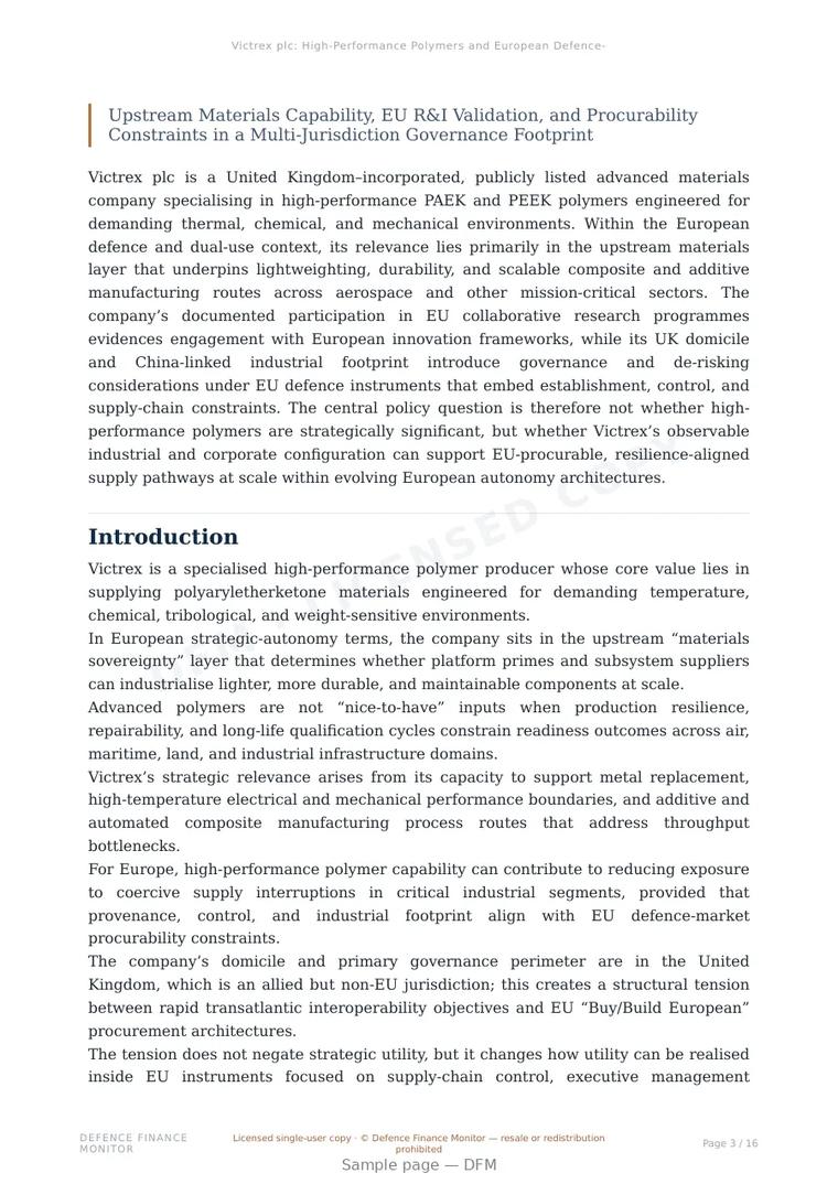 Sample page from “Victrex plc: High-Performance Polymers and European Defence-Industrial Autonomy” — 17-page report