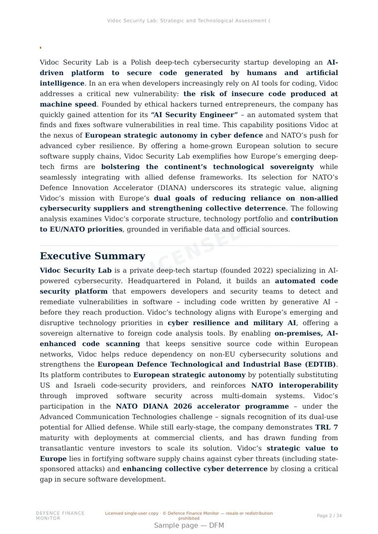 Sample page from “Vidoc Security Lab: Strategic and Technological Assessment (Poland)” — 35-page report