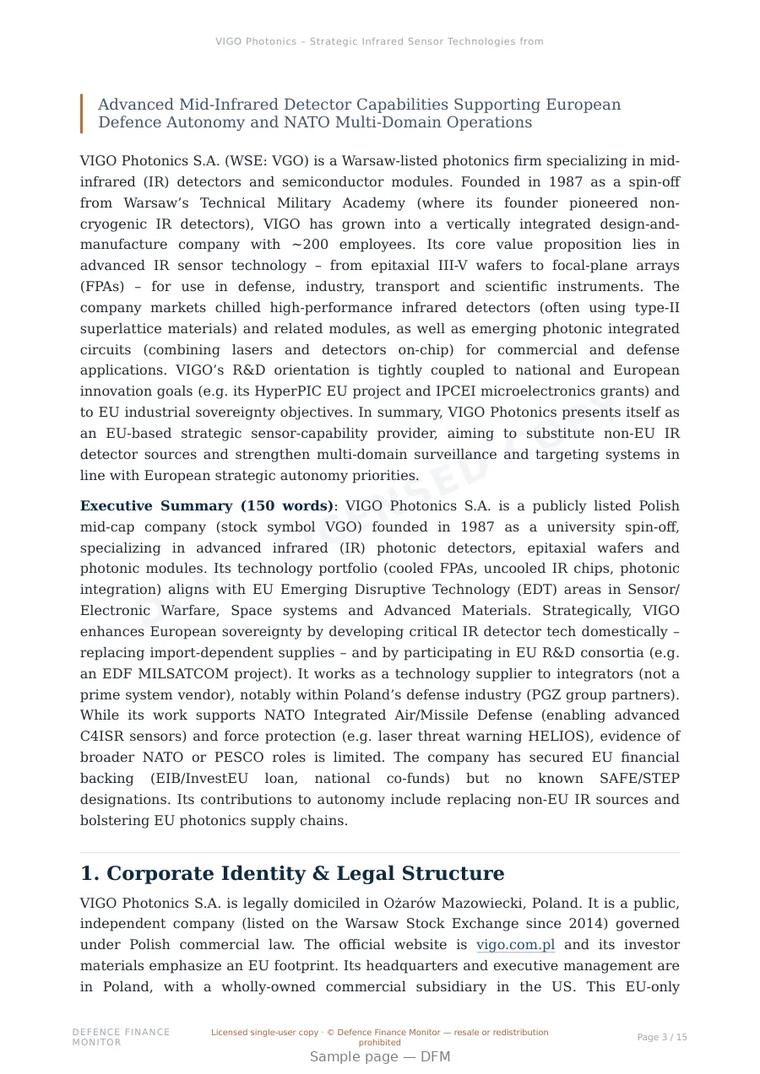 Sample page from “VIGO Photonics – Strategic Infrared Sensor Technologies from Poland” — 16-page report