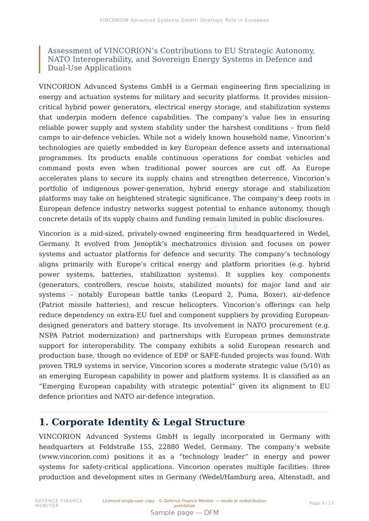 Sample page from “VINCORION Advanced Systems GmbH: Strategic Role in European Defence Power and Platform” — 18-page report