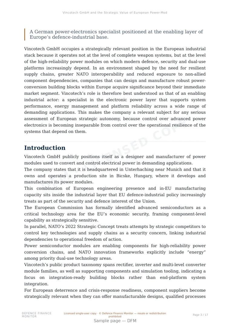 Sample page from “Vincotech GmbH and the Strategic Value of European Power-Module Manufacturing for Defence-Grade Electrification” — 18-page report