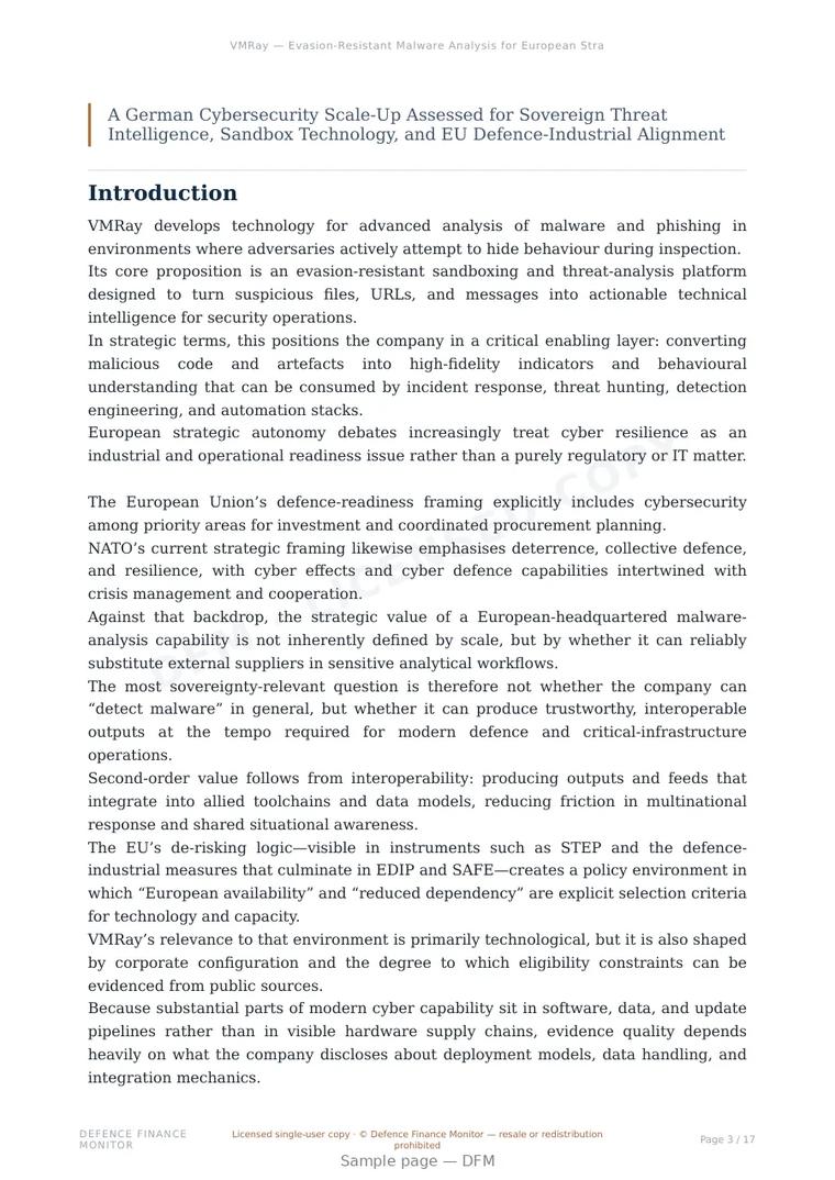 Sample page from “VMRay — Evasion-Resistant Malware Analysis for European Strategic Autonomy” — 18-page report