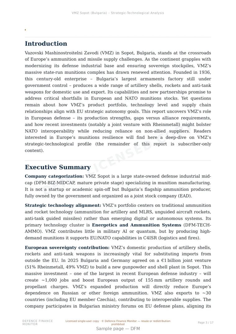 Sample page from “Vazovski Mashinostroitelni Zavodi (VMZ) — Bulgaria defence company” — 18-page report