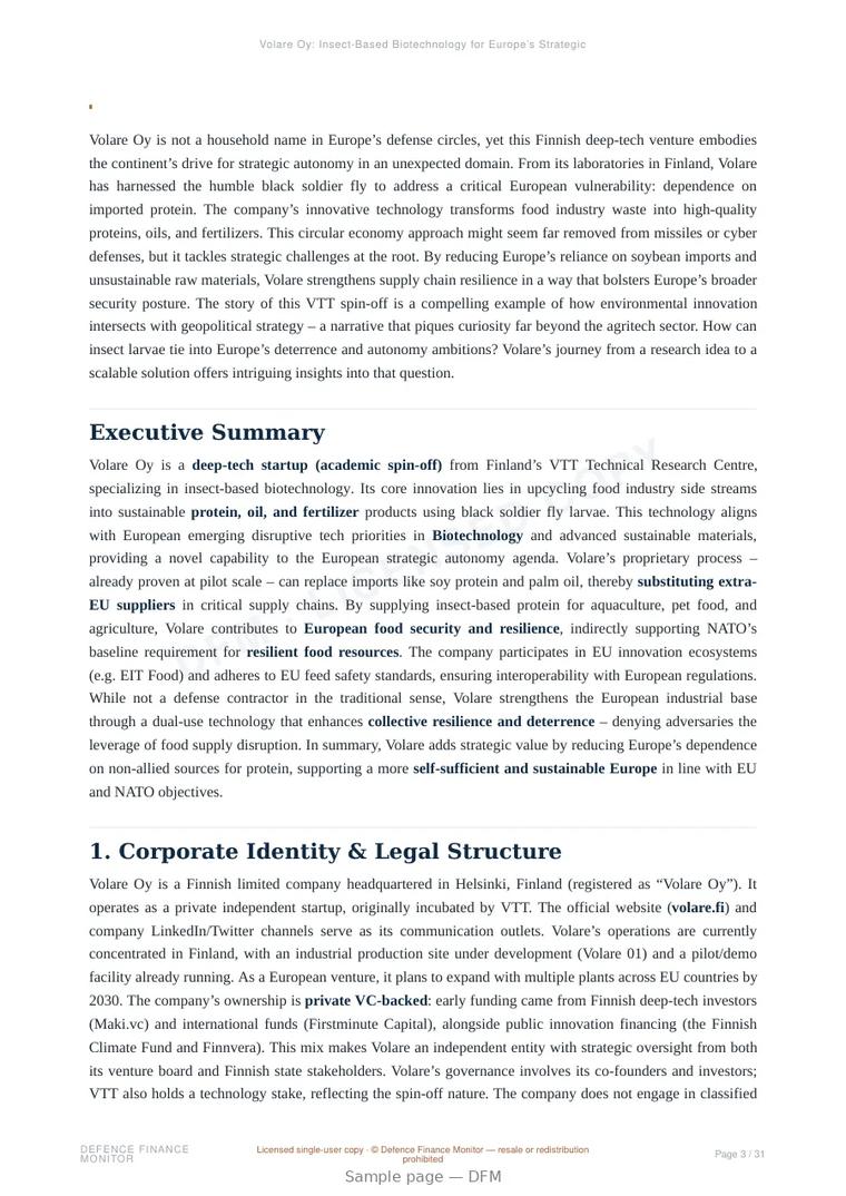 Sample page from “Volare Oy: Insect-Based Biotechnology for Europe’s Strategic Autonomy” — 32-page report