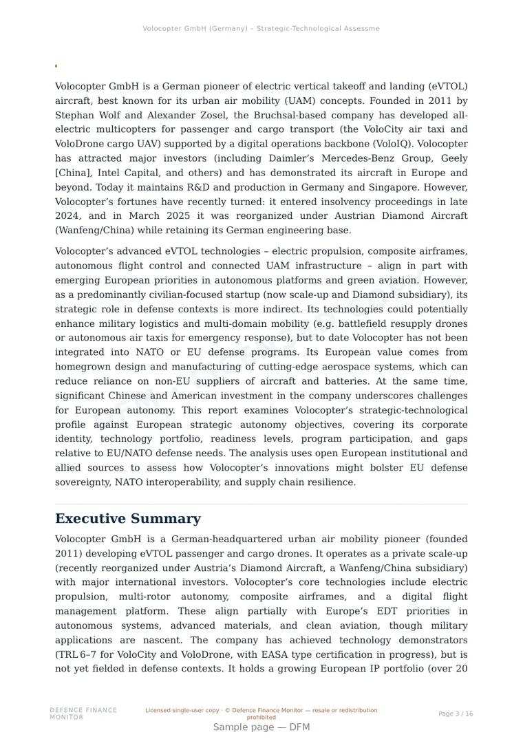 Sample page from “Volocopter GmbH (Germany) – Strategic-Technological Assessment” — 17-page report