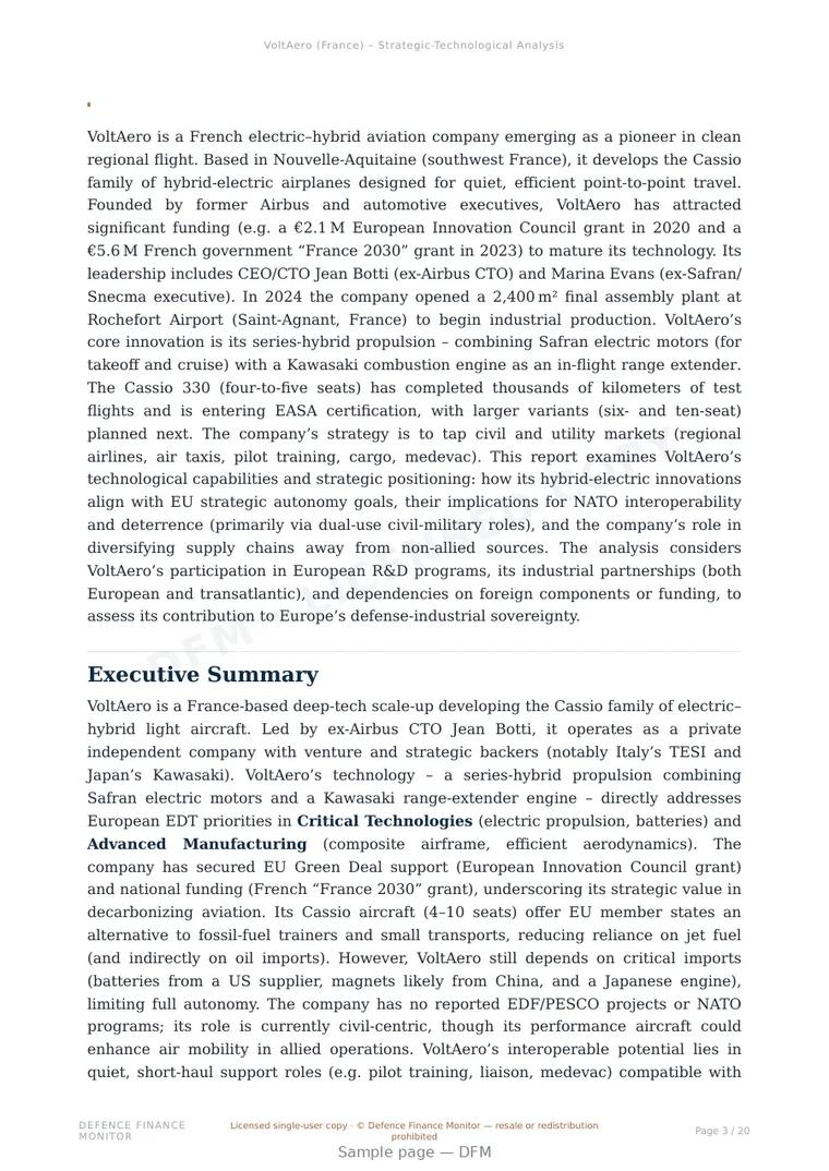 Sample page from “VoltAero — France advanced propulsion company” — 21-page report