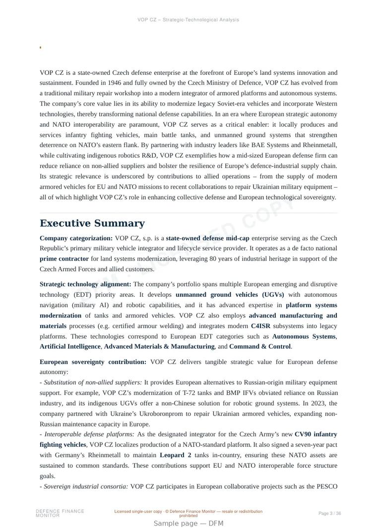 Sample page from “VOP CZ — Czech Republic land platforms company” — 37-page report