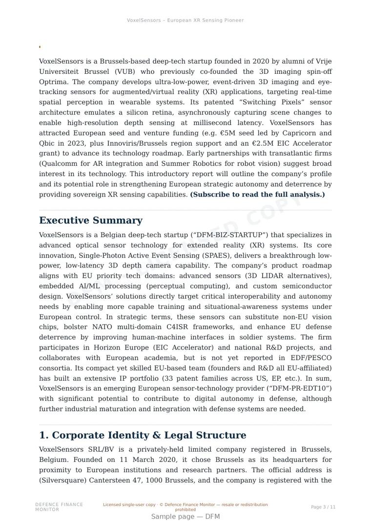 Sample page from “VoxelSensors – European XR Sensing Pioneer” — 12-page report