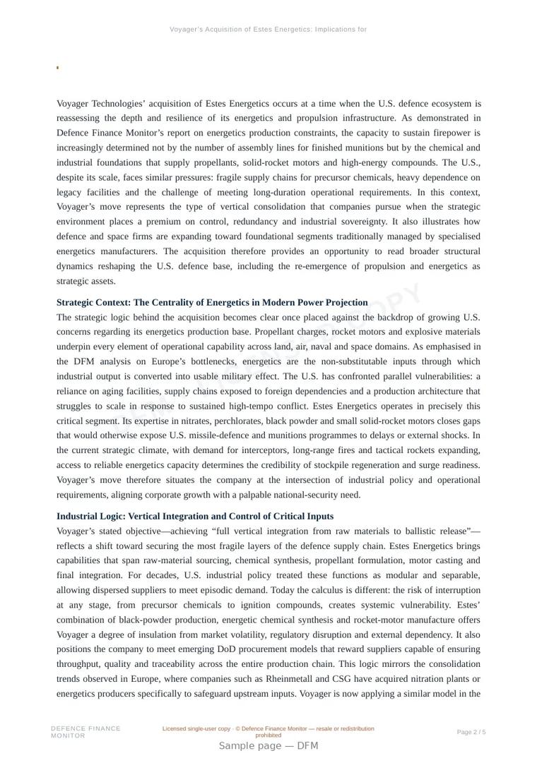 Sample page from “Voyager’s Acquisition of Estes Energetics: Implications for U.S. Energetics, Propulsion and Industrial Sovereignty” — 6-page report
