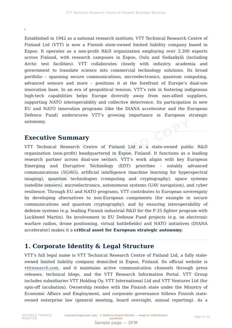 Sample page from “VTT Technical Research Centre of Finland Ltd (VTT) — Finland quantum company” — 15-page report