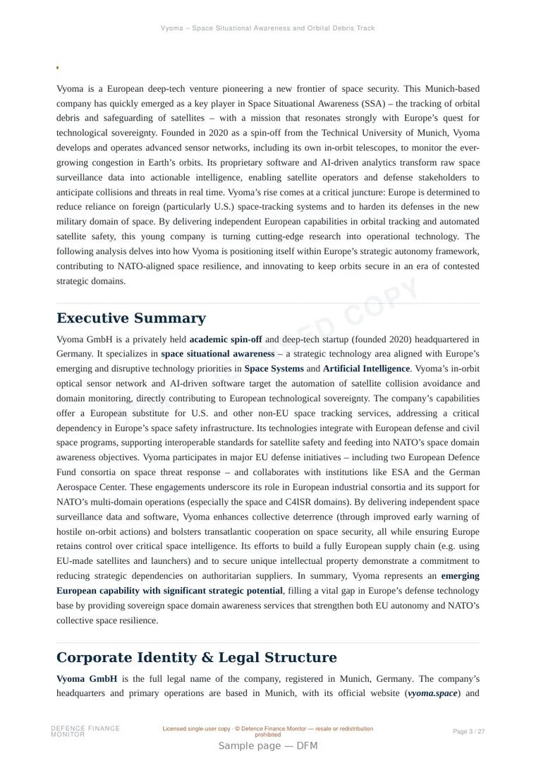 Sample page from “Vyoma – Space Situational Awareness and Orbital Debris Tracking Solutions” — 28-page report