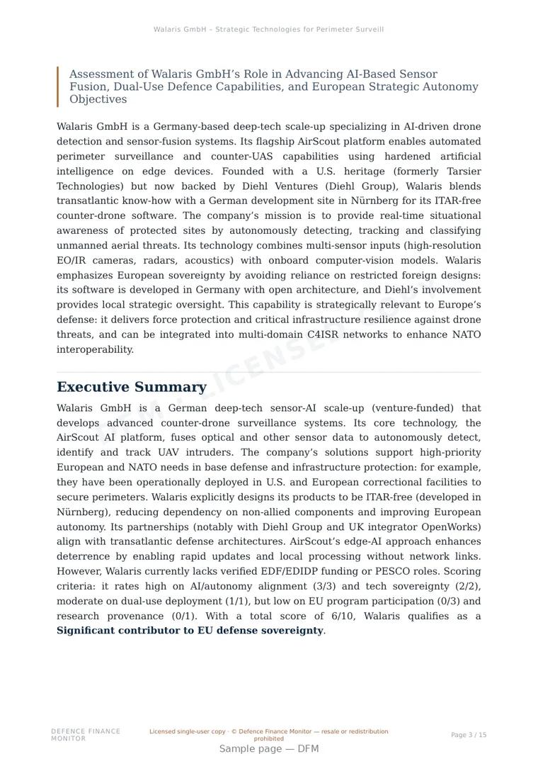 Sample page from “Walaris GmbH – Strategic Technologies for Perimeter Surveillance and Counter-Drone Operations” — 16-page report