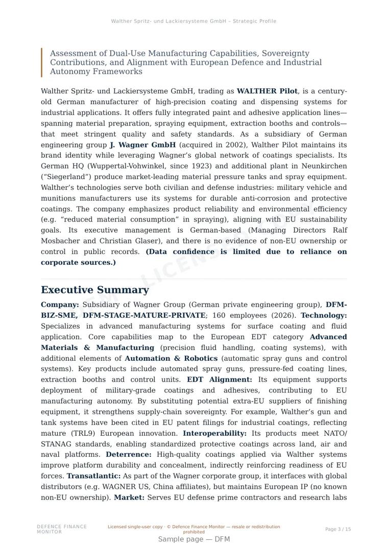 Sample page from “Walther Spritz- und Lackiersysteme GmbH – Strategic Profile and Technology Overview” — 16-page report