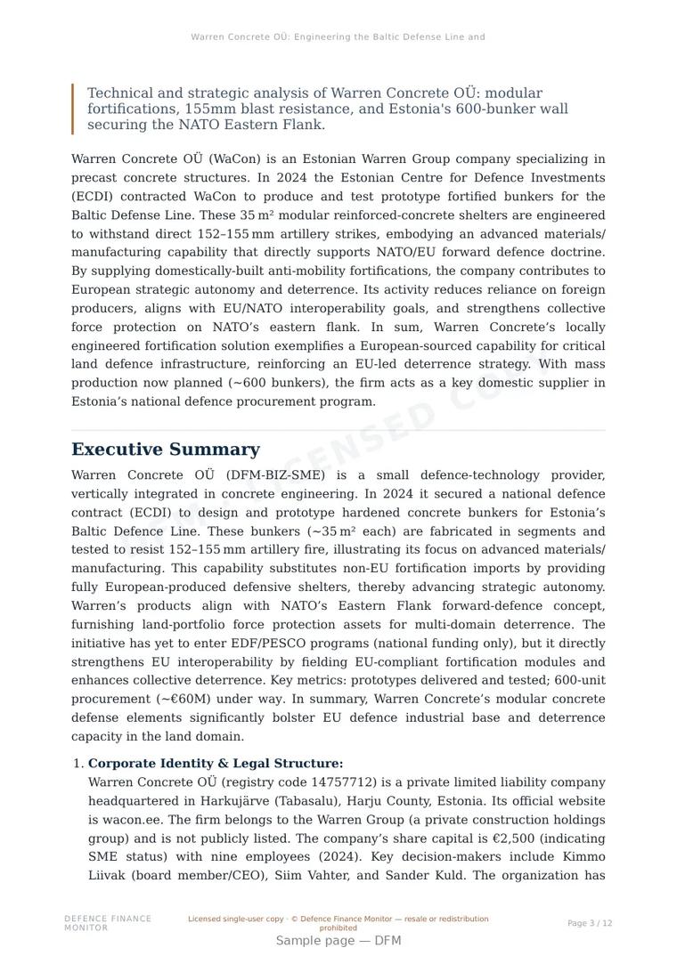 Sample page from “Warren Concrete OÜ: Engineering the Baltic Defense Line and European Land Sovereignty” — 13-page report