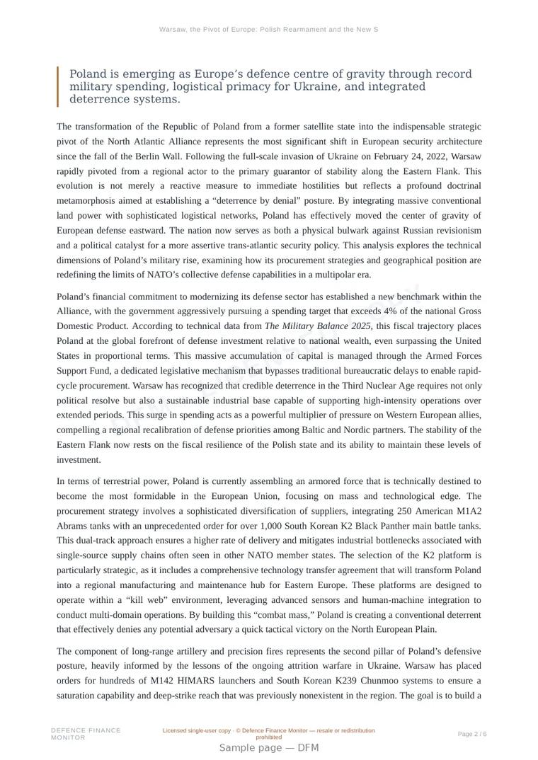 Sample page from “Warsaw, the Pivot of Europe: Polish Rearmament and the New Strategic Centrality” — 7-page report