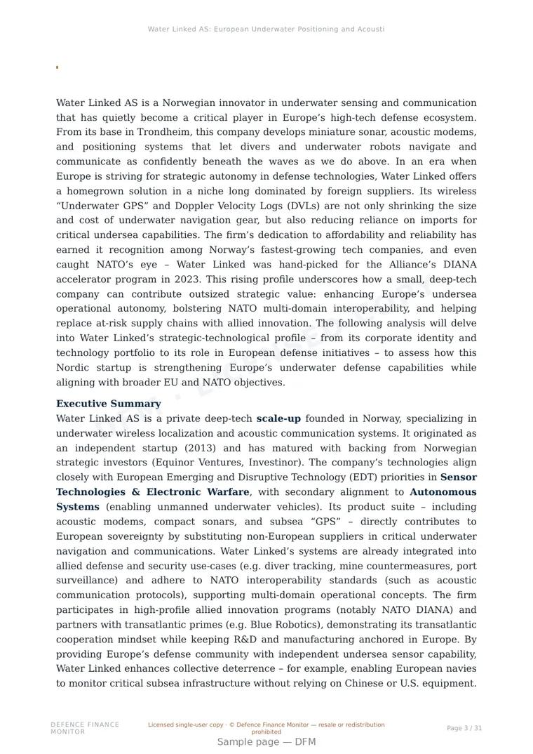 Sample page from “Water Linked AS: European Underwater Positioning and Acoustic Systems” — 32-page report