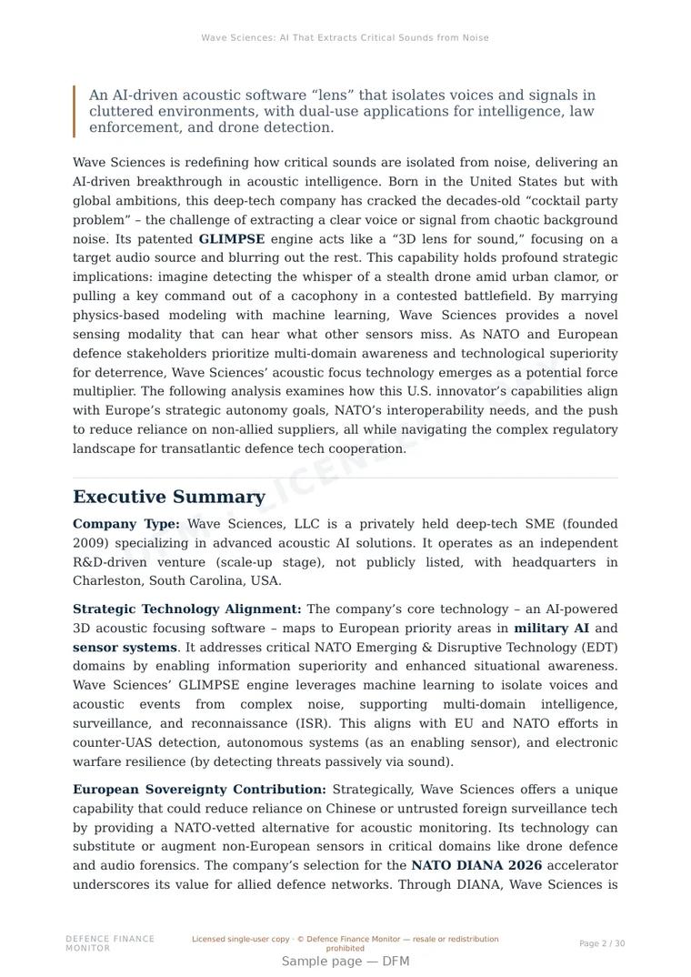 Sample page from “Wave Sciences: AI That Extracts Critical Sounds from Noise” — 31-page report
