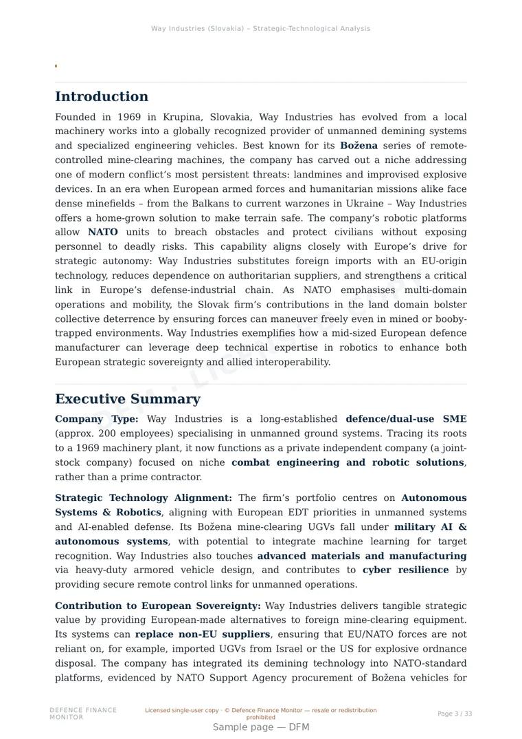 Sample page from “Way Industries — Slovakia unmanned ground systems company” — 34-page report