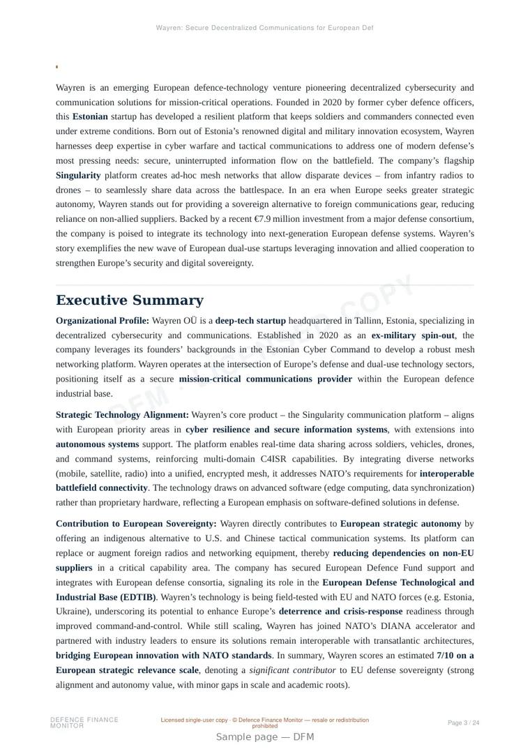 Sample page from “Wayren: Secure Decentralized Communications for European Defense” — 25-page report