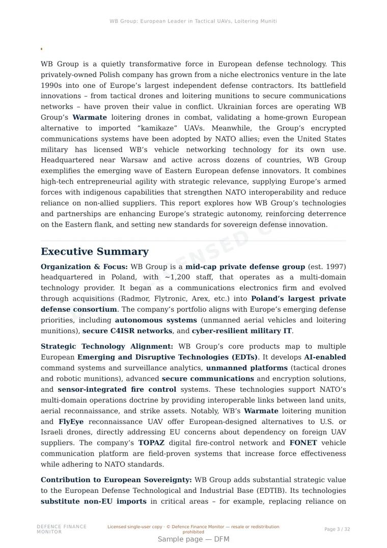 Sample page from “WB Group: European Leader in Tactical UAVs, Loitering Munitions, and Secure Military Communications” — 33-page report